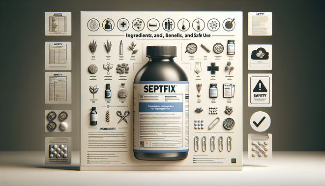 Cover of report on "Septifix" showcasing bottle, ingredients, safety icons, and checklist on clean background.