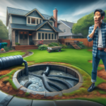 alt_text: Suburban backyard shows septic tank backup signs: soggy lawn, cloudy effluent, concerned homeowner.
