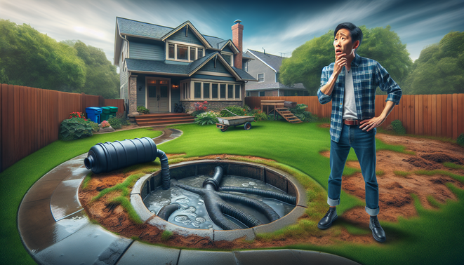 alt_text: Suburban backyard shows septic tank backup signs: soggy lawn, cloudy effluent, concerned homeowner.