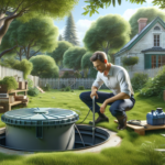 alt_text: Realistic cover showing a homeowner inspecting a septic tank in a serene suburban backyard.
