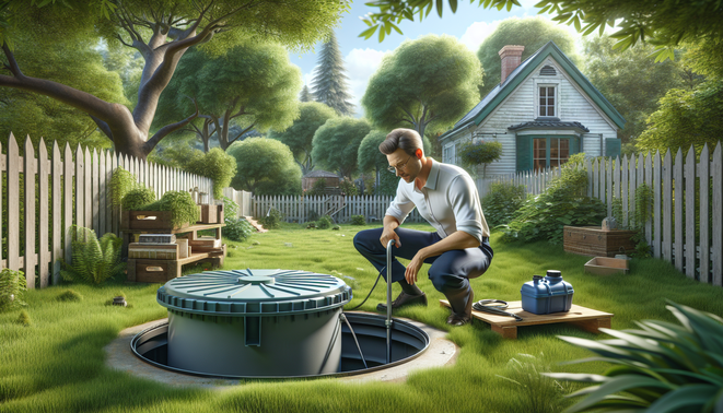 alt_text: Realistic cover showing a homeowner inspecting a septic tank in a serene suburban backyard.