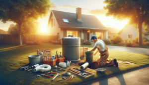 alt_text: "Homeowner kneeling by septic tank, tools arranged, warm sunlight, suburban setting, practical guide cover."