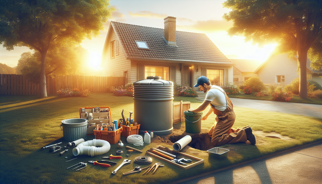 alt_text: "Homeowner kneeling by septic tank, tools arranged, warm sunlight, suburban setting, practical guide cover."