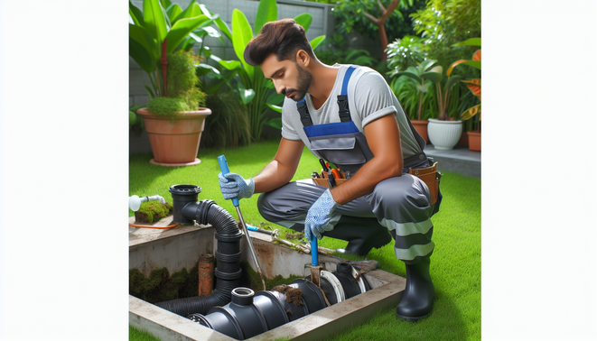 alt_text: Professional worker fixing a smelly septic tank in a tidy backyard, showcasing treatment tools.