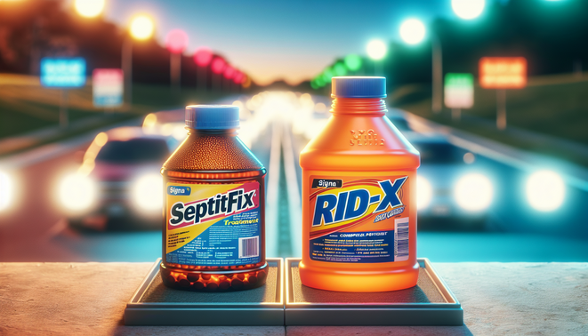 alt_text: "Illustration of 'Septifix' and 'Rid-X' bottles in a photorealistic competition setup."