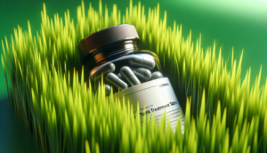 Photorealistic cover image of septic tank treatment tablets by a modern bottle, set in lush grass.
