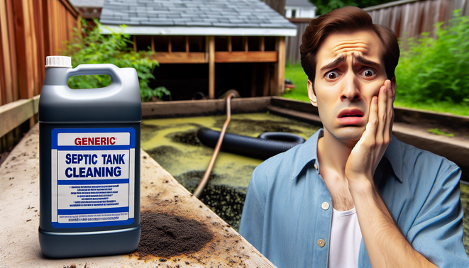 "Septic tank concern: homeowner looks worried beside a bottle of Septifix in a murky backyard setting."