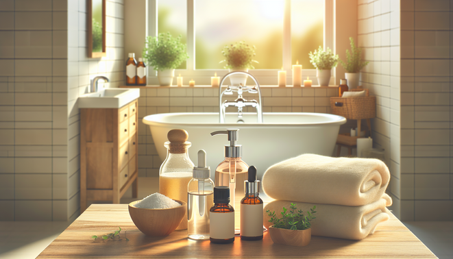 A clean, bright bathroom showcasing natural odor-eliminating ingredients. Warm sunlight fills the space.