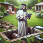 alt_text: Homeowner inspecting a septic tank, holding a maintenance checklist on a tablet, in a tidy yard.