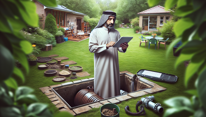 alt_text: Homeowner inspecting a septic tank, holding a maintenance checklist on a tablet, in a tidy yard.