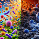 alt_text: Split cover: left vibrant aerobic bacteria in oxygen-rich plasma; right dark anaerobic biofilm.