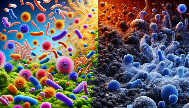 alt_text: Split cover: left vibrant aerobic bacteria in oxygen-rich plasma; right dark anaerobic biofilm.