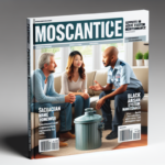 Photorealistic magazine cover showing a couple and technician reviewing septic system maintenance.