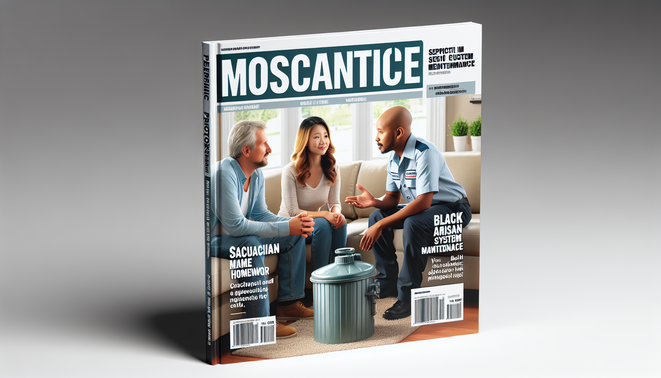 Photorealistic magazine cover showing a couple and technician reviewing septic system maintenance.