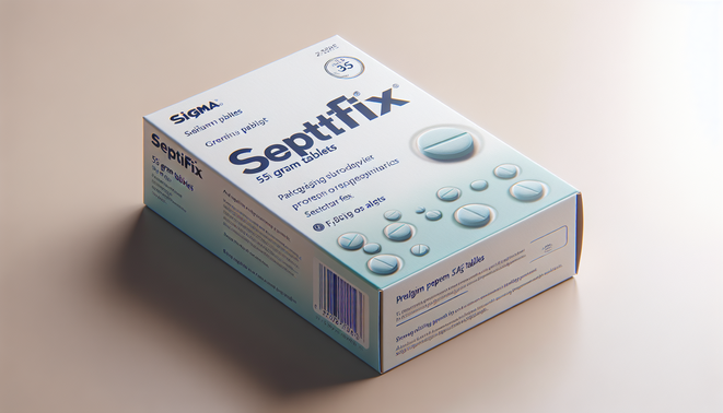 alt_text: Photorealistic packaging for Septifix tablets, showcasing benefits with clean design and calm colors.
