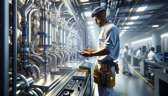 Photorealistic corporate hero image for Septifix, showcasing a technician in a clean-tech setting.