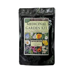Medicinal Garden Kit package with non-GMO herb seeds and planting guide for a home medicinal herb garden