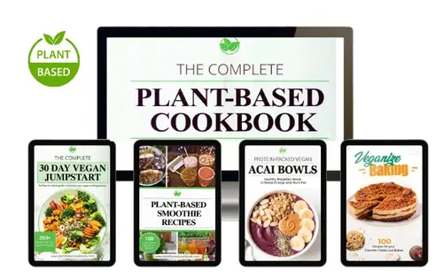 The Complete Plant-Based Cookbook digital bundle shown on a tablet with four companion guide covers