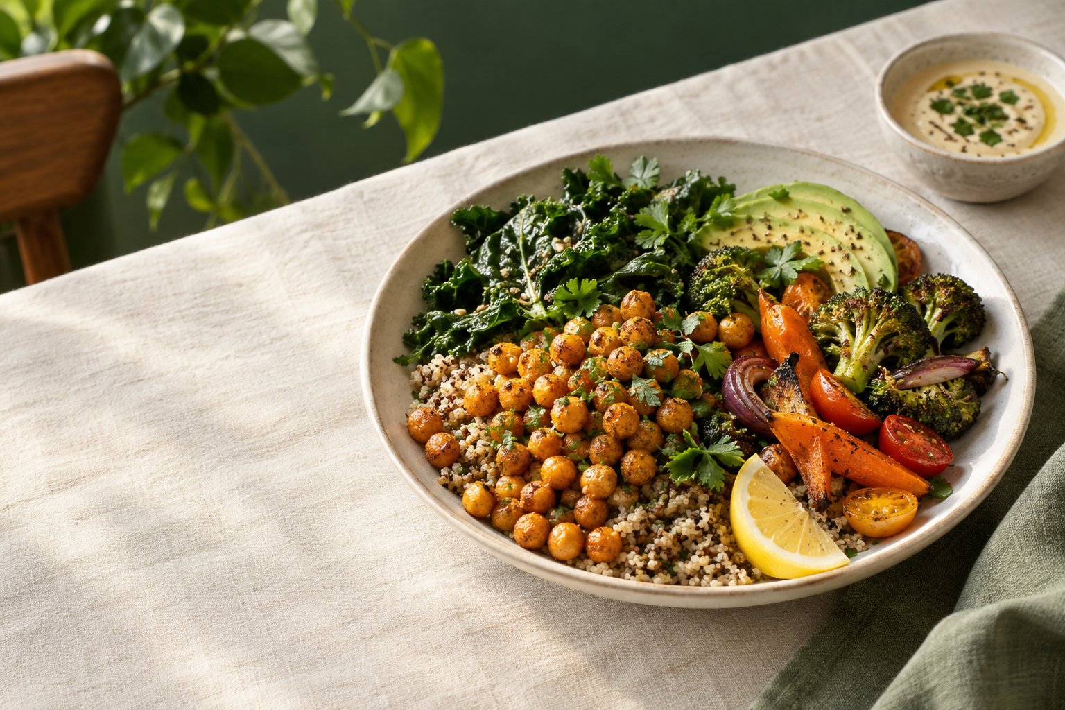 Illustrative plant-based dinner bowl with chickpeas, vegetables and greens