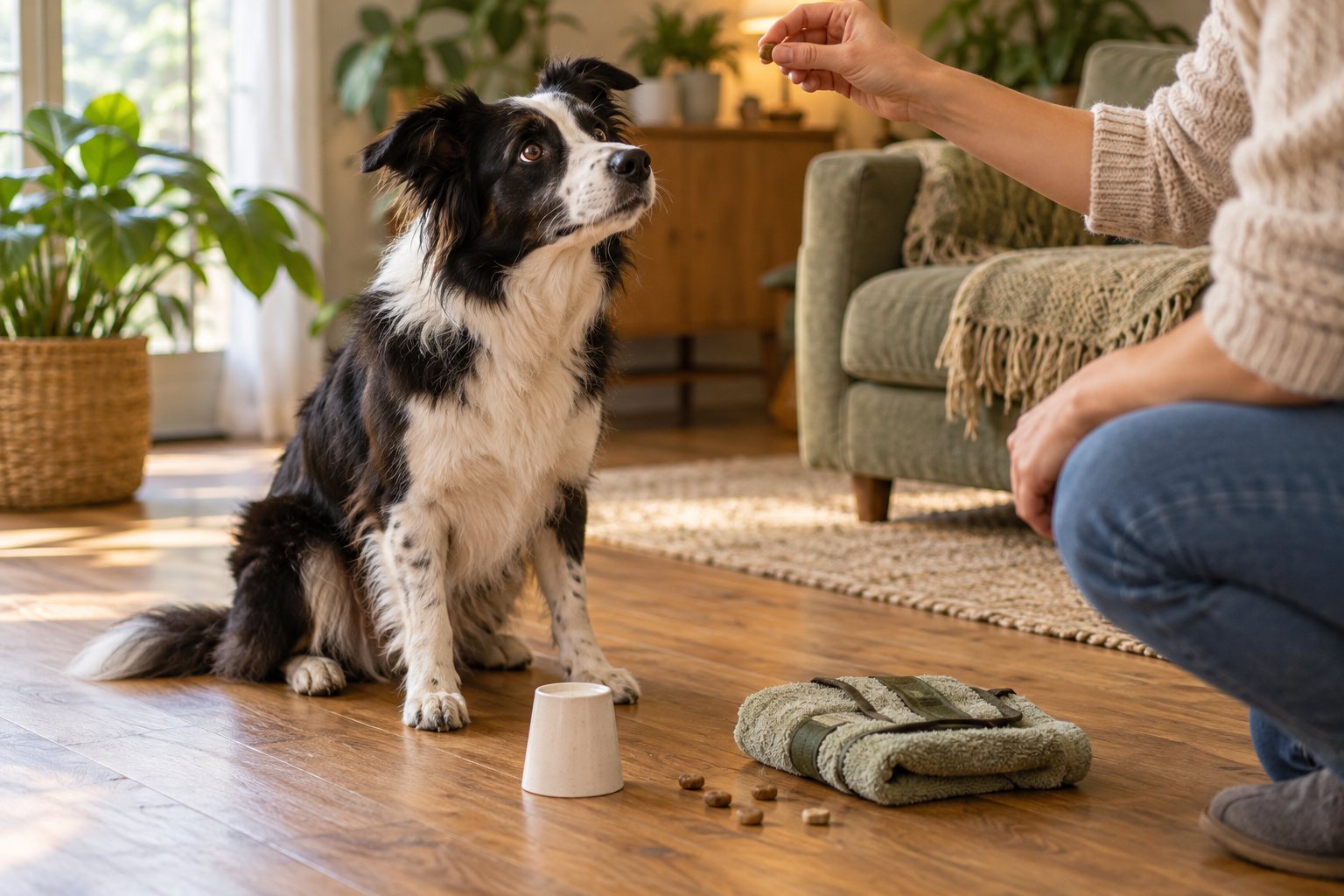 Border collie mix focusing on its owner's hand during an indoor brain game