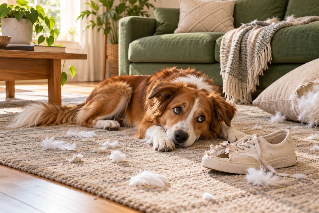 Bored dog lying beside a chewed sneaker and scattered cushion feathers in a living room