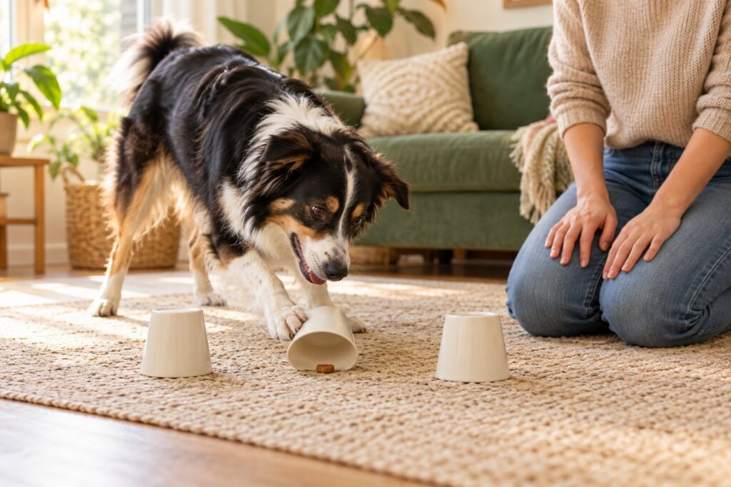 Happy border collie mix finding a treat under cups on a rug while its owner kneels nearby