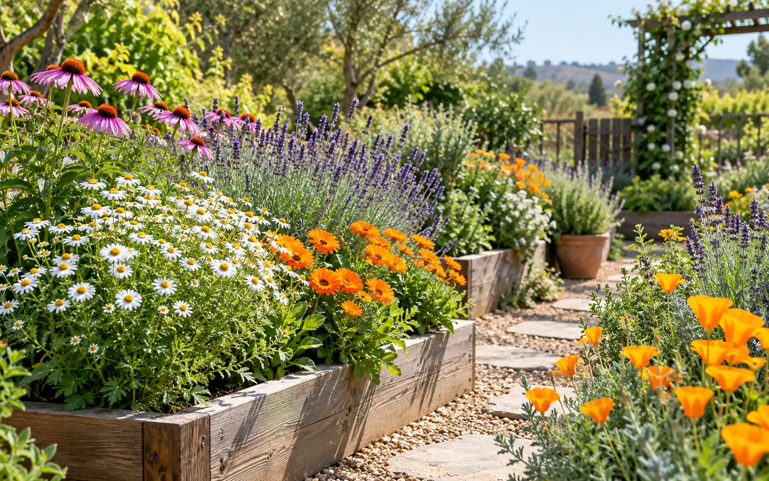 Sunlit raised herb beds with chamomile, calendula, lavender, echinacea and California poppies