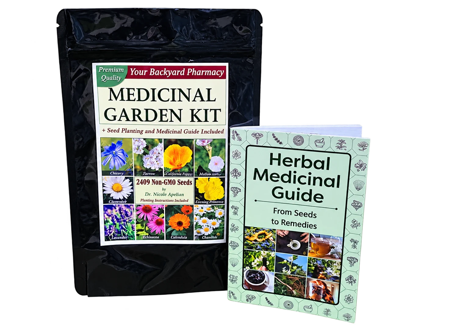 Medicinal Garden Kit seed pouch next to the Herbal Medicinal Guide booklet
