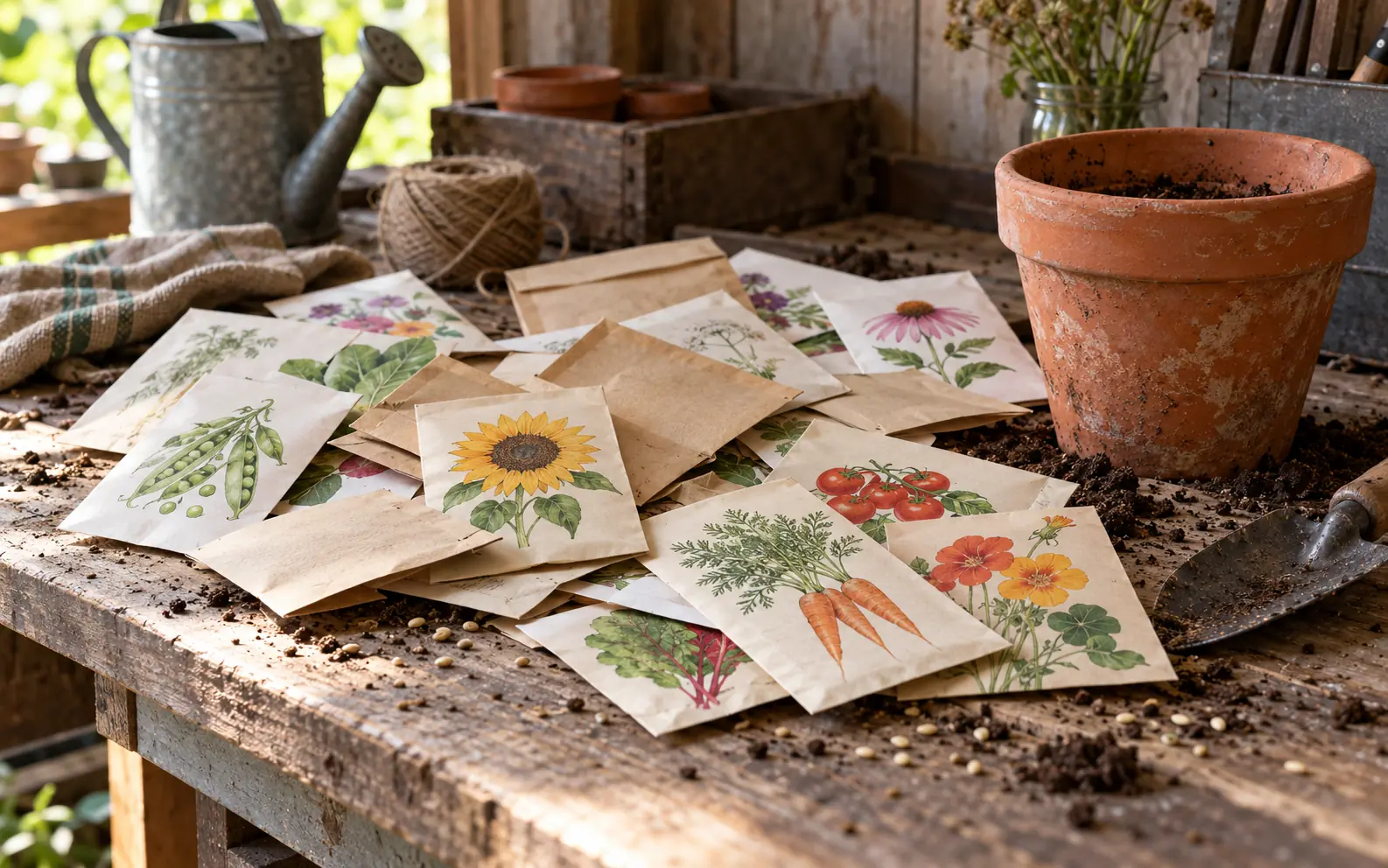 Mismatched unbranded seed envelopes and an empty terracotta planter on a potting bench