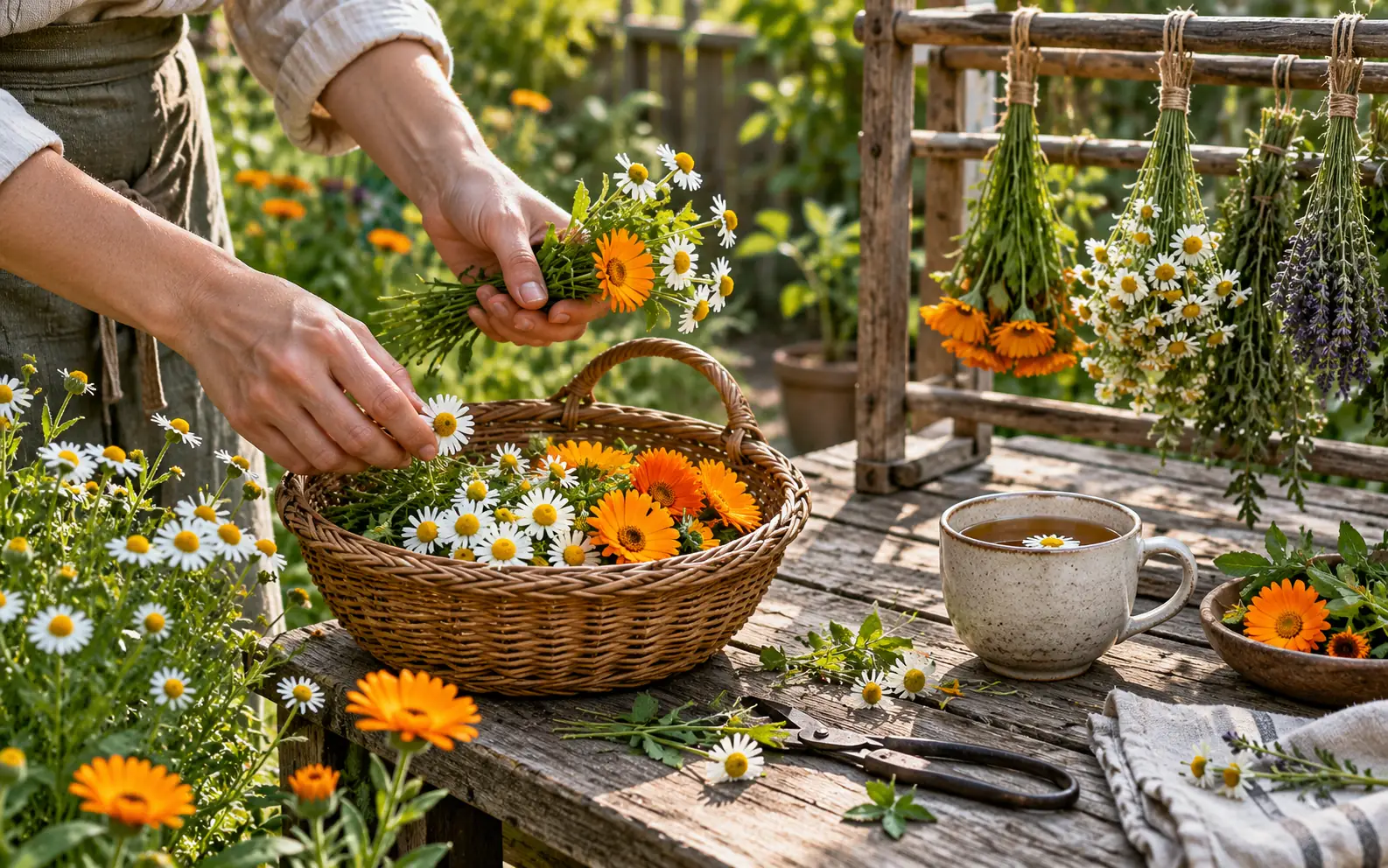 Hands gathering chamomile and calendula flowers into a basket beside an herb drying rack and a cup of tea